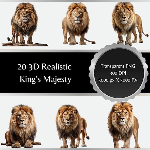 Majesté du roi : clipart exclusif 3D réaliste de lion mâle - positions saisissantes et visages expressifs !