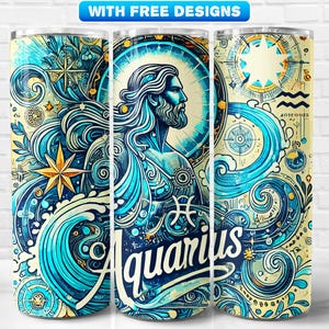 Zodiac Sings Aquarius Tumbler Wrap PNG, Astrology, Sublimation Design