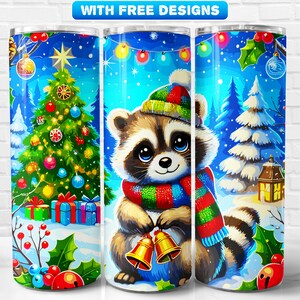 Festive Christmas Raccoon Tumbler Wrap PNG, Christmas, Holiday, Sublimation Design