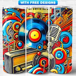 Retro Music Lover Tumbler Wrap PNG, Art, Music, Sublimation Design