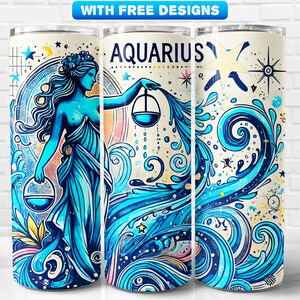 Zodiac Sings Aquarius Tumbler Wrap PNG, Astrology, Sublimation Design