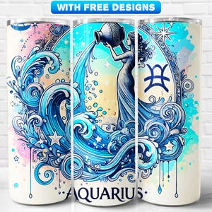 Zodiac Sings Aquarius Tumbler Wrap PNG, Astrology, Sublimation Design