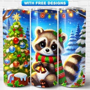 Festive Christmas Raccoon Tumbler Wrap PNG, Christmas, Holiday, Sublimation Design