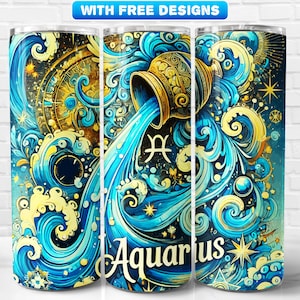Zodiac Sings Aquarius Tumbler Wrap PNG, Astrology, Sublimation Design