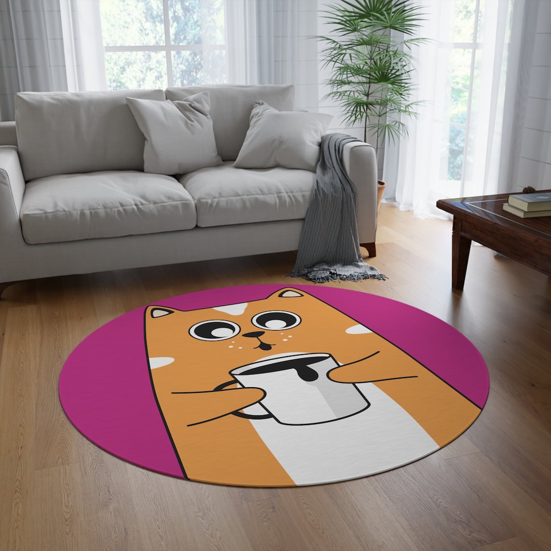 Cat Rugs, Cute Tufted Cat Rug, Cat Holding Coffee Mug Cute Round Rugs