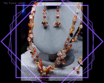 Enchanting Autumn Harmony and Handmade Carnelian and Fire Quartz Jewelry Set with Gold Accents and Maple Leaf Charms