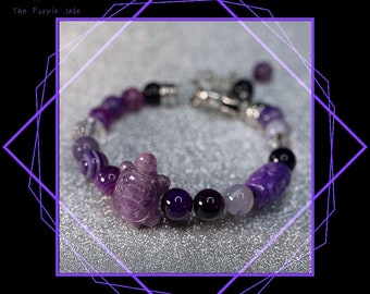 Eternal Elegance and Handmade Purple Agate Bracelet and Earrings Set with Amethyst Turtle Charm, Clear Quartz, and Silver Accents