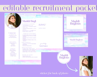 Könnte beinhalten: Ein editierbares Rekrutierungspaket mit einem Aquarelldesign in Lila-, Blau- und Rosatönen. Das Paket enthält einen Lebenslauf, Visitenkarten und einen Aufkleber. Der Name "Maddi Buglous" ist prominent im Design enthalten.