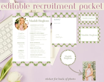 May include: A pink and green patterned recruitment packet with a photo of a woman and her name, Maddi Buglous, printed on the front. The packet includes a resume, a letterhead, and a sticker with her name and photo.