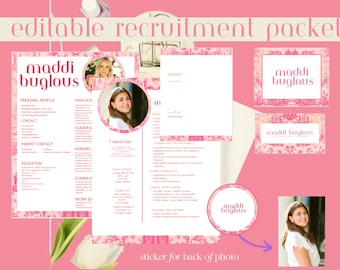 Könnte beinhalten: Ein rosa-weißes Rekrutierungspaket mit dem Namen "maddi buglous". Das Paket enthält einen Lebenslauf, eine Visitenkarte und einen Aufkleber für die Rückseite eines Fotos. Das Design zeigt ein Blumenmuster und den Text "editable recruitment packet".