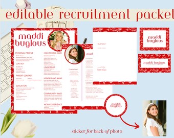 Könnte beinhalten: Ein rotes und weißes Rekrutierungspacket mit einem floralen Design. Das Paket enthält eine Lebenslaufvorlage, eine Visitenkartenvorlage und einen Aufkleber mit dem Namen "maddi buglous".