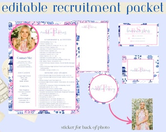 May include: A blue and pink recruitment packet with a photo of a young woman, a contact card, and a leadership and activities page. The packet includes the text "maddie thomas" and "breanno sims".