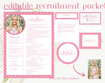 Könnte beinhalten: Ein rosa-weißes Rekrutierungspacket mit einem rosa-weißen, monogrammierten Aufkleber. Das Paket enthält einen Lebenslauf, ein Empfehlungsschreiben und ein Foto des Bewerbers. Der Text auf dem Aufkleber lautet "Bridget Sutton".