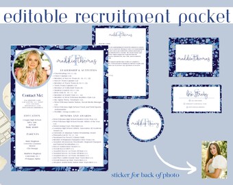 May include: A blue and white recruitment packet with a floral design. The packet includes a photo of a young woman, a resume, a letter of recommendation, and a sticker with the woman's name. The text on the resume includes the woman's name, contact information, education, leadership and activities, and honors and awards.