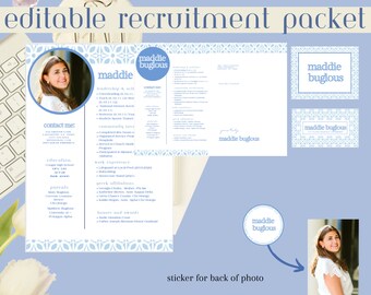 May include: A blue and white recruitment pack with a photo of a woman and a sticker for the back of the photo. The pack includes a CV, contact information, and a list of leadership and community involvement. The sticker says "maddie buglous".