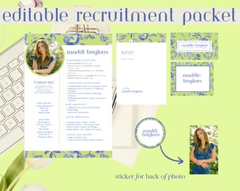 Könnte beinhalten: Ein grünes und blaues Rekrutierungspacket mit einem floralen Muster. Das Paket enthält einen Lebenslauf, Visitenkarten und einen Aufkleber mit dem Namen "maddi buglous".