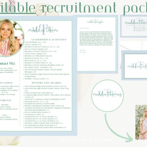 May include: A light blue and green recruitment packet with a photo of a young woman, her name is Maddie Thom, and a list of her leadership and activities, honors and awards, education, and contact information.