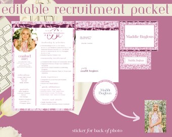 May include: A pink and white recruitment pack with a floral pattern. The pack includes a CV, a contact card, and a sticker with a photo of a young woman. The text on the pack reads "Maddie Buglous" and "editable recruitment packet".