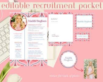 May include: A pink and blue recruitment packet featuring a photograph of a young woman, a resume with the name Maddi Buglous, and a sticker with her name on it. The packet includes a letterhead, business card, and a sticker for the back of the photo.
