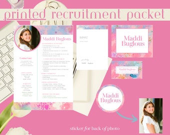 May include: A printed recruitment packet with a pink and blue watercolor design. The packet includes a resume, a business card, and a sticker with the name "Maddi Buglous".