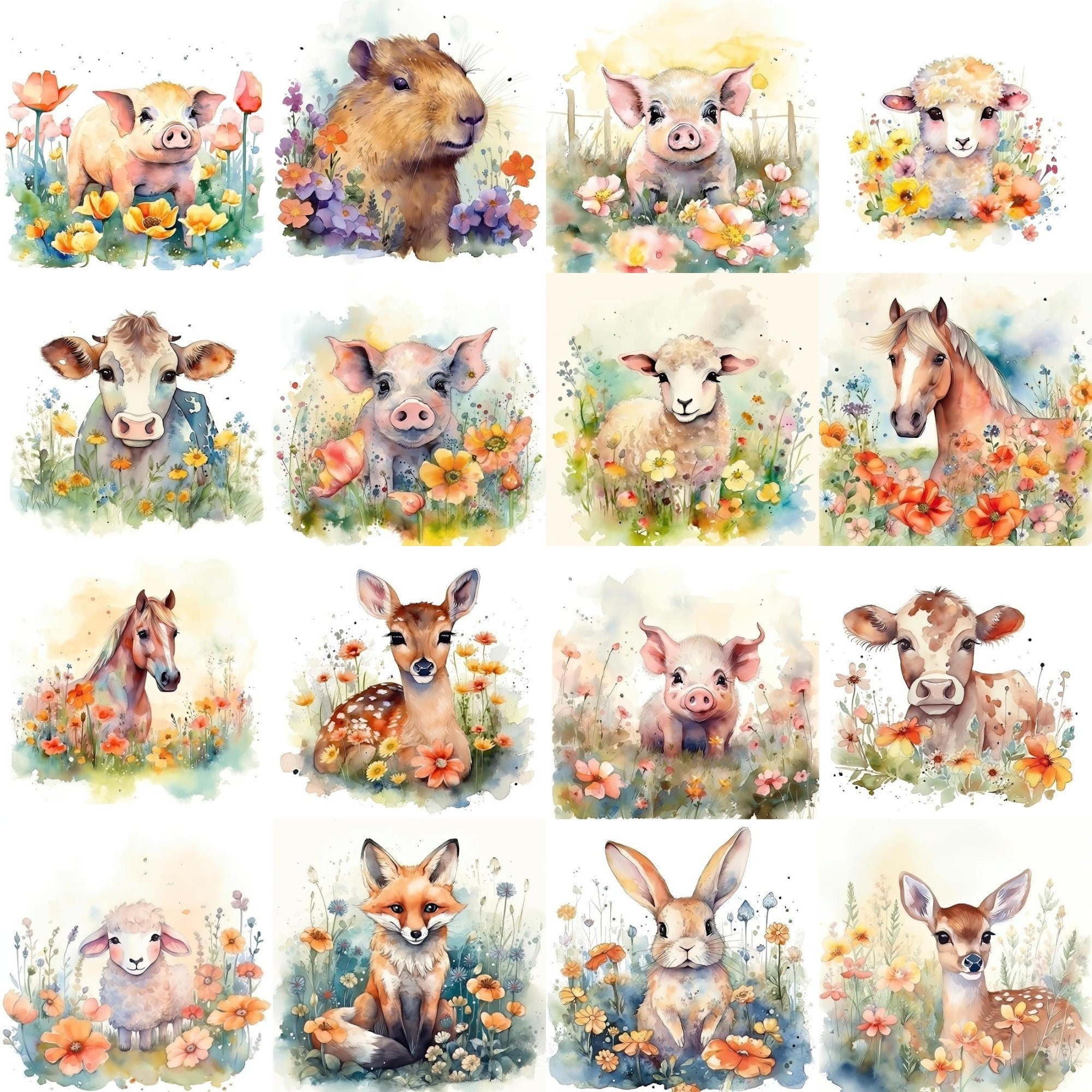 Set of 16 Cute Animal Square Prints Ratio 1x1 Watercolor - Etsy