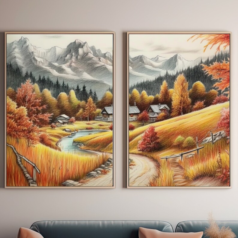 Texture Landscape Drawings Printable Set Wall Art Pencil Drawing Forest