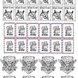 May include: A selection of owl-themed stamps and emblems. The stamps show owl illustrations and the text "Owl Post" and "2p". The emblems feature an owl with wings and the words "Owl Post Service".