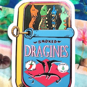 Dragon Sardines: Funny Laminated Vinyl Die Cut Fantasy Art Sticker