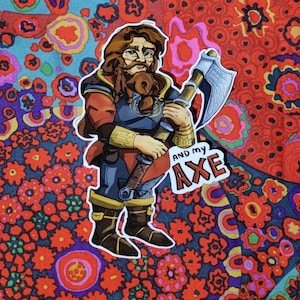 Red Bearded Dwarf "And My Axe!" Fantasy RPG Character Vinyl Laminated Sticker / Stationery Accessory
