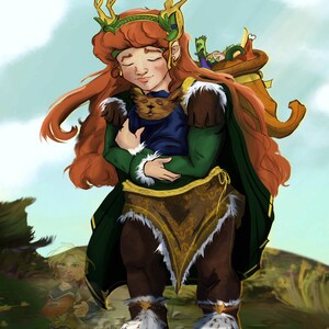 ドワーフの少女とキツネのウォールアートプリント、RPGファンタジーキャラクターの手描きイラストゲームルームの装飾