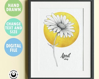 Madeliefje geboorte bloemenprint poster april geboortemaand bloemencadeau voor verjaardag geboortebloem cadeau voor moeder Gepersonaliseerde decoratie digitale print