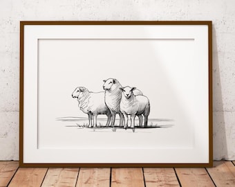 Sheep Pencil Sketch Art Print, Farmhouse Cottagecore Decor (Digital Download)
