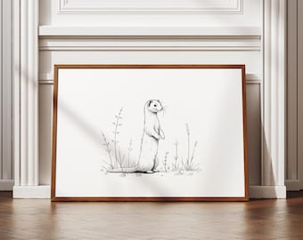Curious Ferret Poster Print | Simple Pencil Sketch | Vintage Ferret Art | Scalable Sizes | Digital File | Instant Download