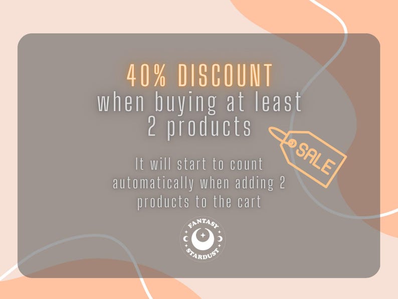 May include: A promotional graphic with a grey background and peach accents. Text announces a 40% discount when purchasing at least two products. A sale tag graphic is included. The brand logo is at the bottom.