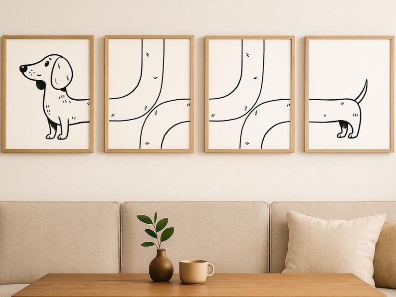 May include: Four framed art prints with a minimalist design. Two prints feature abstract black lines on a cream background. The other two depict a black and white dachshund dog illustration. The frames are a light wood colour.