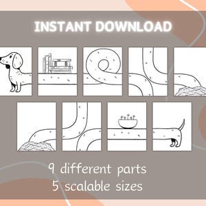 May include: A collection of black and white line art illustrations featuring a dachshund, roads, and other elements. The text "INSTANT DOWNLOAD" is at the top, with "9 different parts" and "5 scalable sizes" at the bottom. The images are on a grey background.
