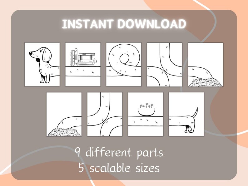 May include: A collection of black and white line art illustrations featuring a dachshund, roads, and other elements. The text "INSTANT DOWNLOAD" is at the top, with "9 different parts" and "5 scalable sizes" at the bottom. The images are on a grey background.