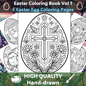May include: Five black and white Easter egg coloring pages featuring a cross, a lamb, a chick, a bunny, and floral designs. The pages are part of an Easter coloring book titled "Easter Coloring Book Vol 1".