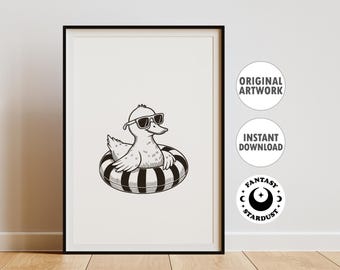 Pato en el baño, divertido estampado de pato, arte de pared para baño, póster, impresión digital, decoración de verano para el hogar, regalo divertido para amantes de los patos, impresión cottagecore