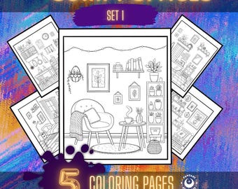 Coloriages Comfy Spaces : chambres confortables, étagères (téléchargement PDF)
