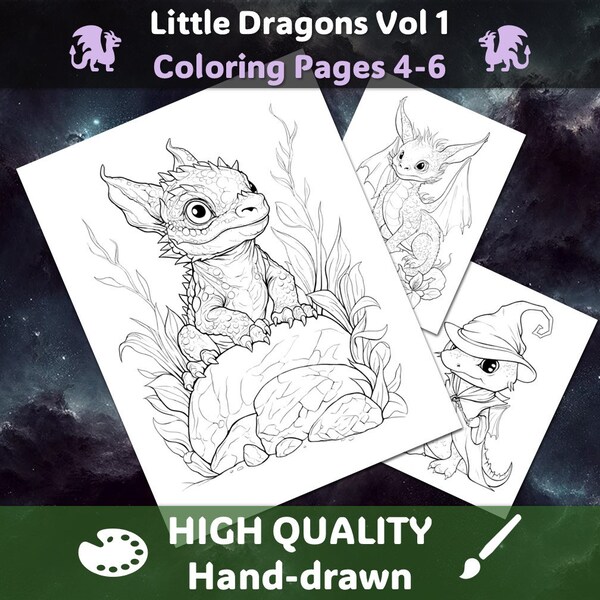 Little Dragon Coloring Pages 4-6 | Hand drawn high quality digital designs | Instant download Printable PDF & Transparent PNG line art