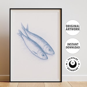 Sardines Poster Print Kitchen Decor Blue Sardines for Coastal Decoration Sketch Wall Art Vintage Sardines Instant Download