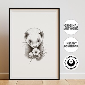 Ferret Poster Print Flower Ferret Wall Art Nature Home Decor Bedroom Gift for Nature Lover Nursery Decoration Digital Download Poster Print