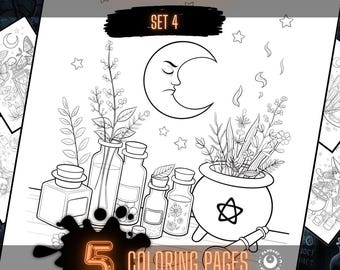 May include: A black and white coloring page titled WITCHY SET 4 featuring a crescent moon with a face, stars, various glass bottles, and a cauldron filled with plants. A large black ink blot graphic displays the text 5 COLORING PAGES.