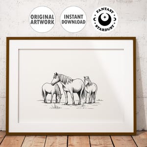 Feldpferde Poster Kunstdruck | Bleistift Skizze Kunstwerk | Vintage Pferde Kunst | Skalierbare Größen | Digitale Datei | Sofort Download