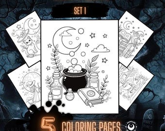 Witchy Halloween Coloring Pages | 5 Hand-Drawn Line Art Designs (Digital Download)