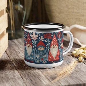 Happy Gnomes Folk Art Enamel Mug, Scandinavian Campfire Mug, Cottagecore Coffee Cup, Norwegian Folk Art, Red and Blue Swedish Folk Art Mug