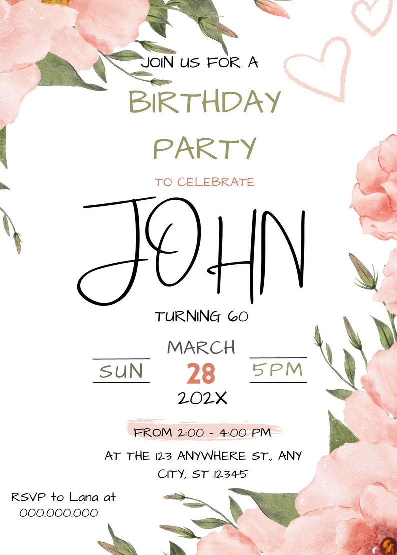 Sample Editable Invitation Card EDITABLE Birthday Invitation Card Template, Any Age, Digital Download ...