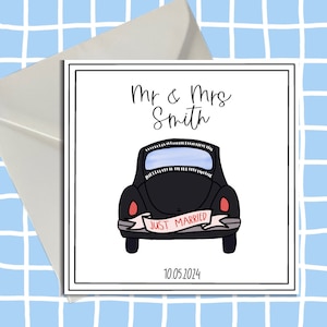 Carte personnalisée de voiture de mariage, nom et date, juste marié, souvenir