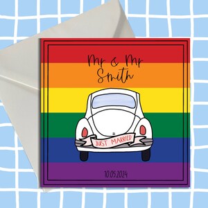 Carte de mariage arc-en-ciel personnalisée, fierté, voiture de mariage, nom et date